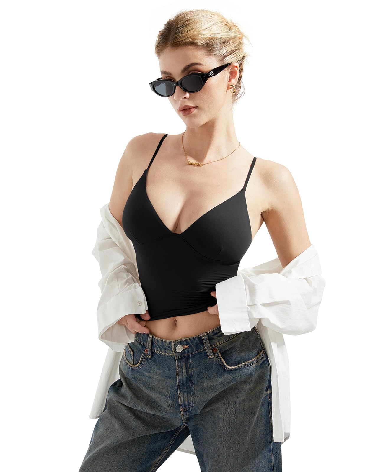 SUUKSESS Women Sexy Deep V Neck Sleeveless Fitted Basic Tops Y2K Going Out Crop Tank Top Camisole (Black,L)