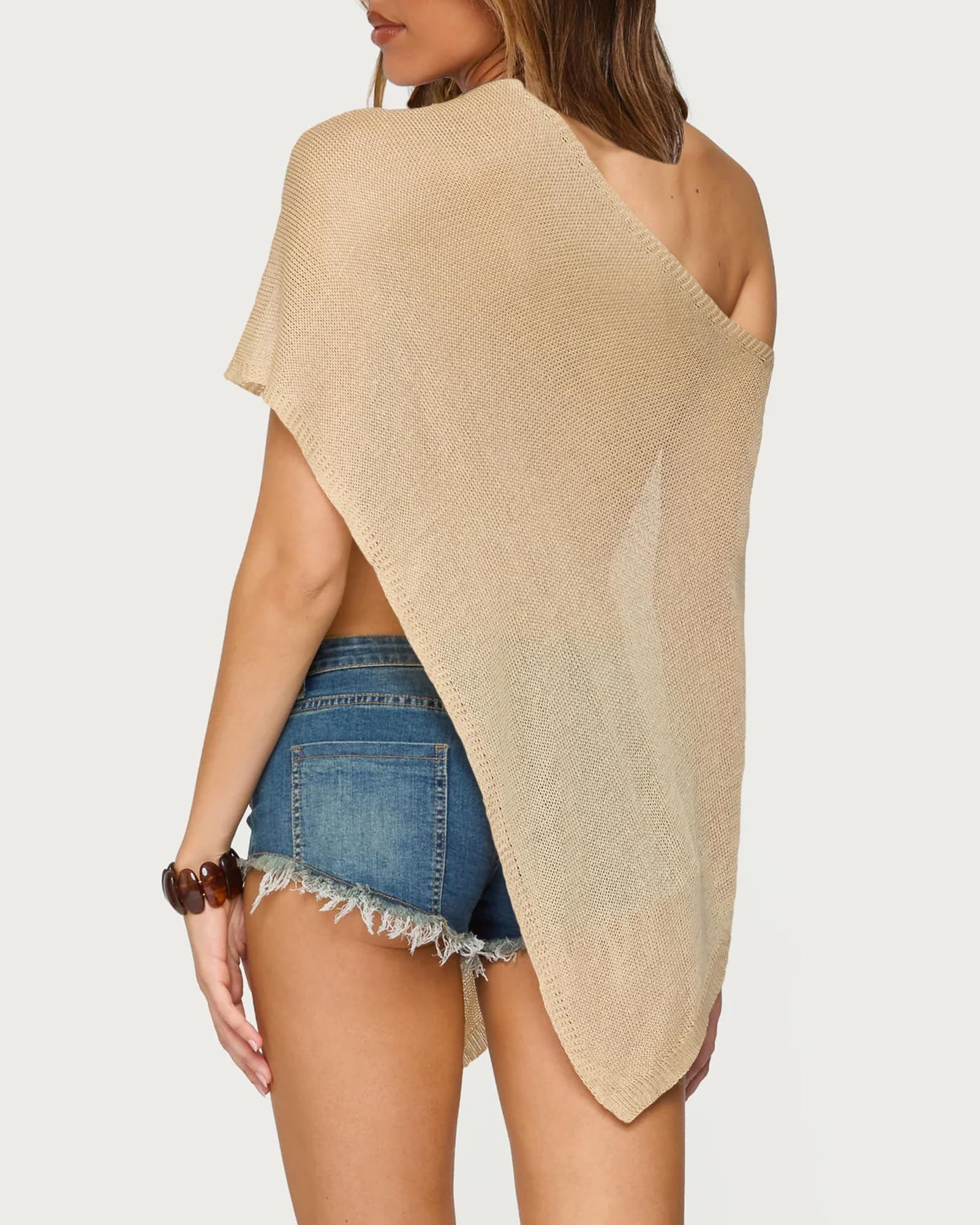 RPYHF Womens Summer One Shoulder Knit Sheer Poncho Rave Trendy Lightweight Asymmetric Shrug Beach Cover Up Tops